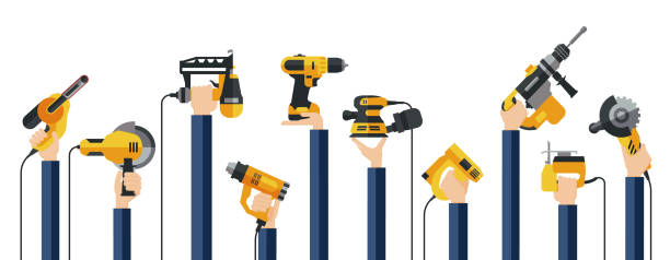 Flat design illustration of hands holding power electric hand tools. vector art illustration