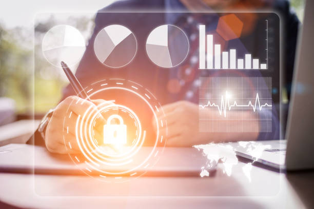 istock Business protection secure and encryption internet technology concept. Businessman use smart pad with Virtual screen 1187473147