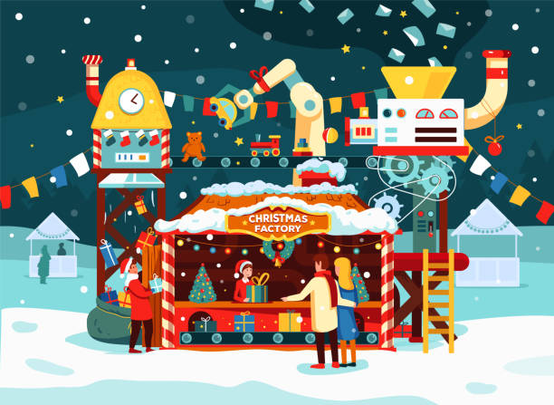 Christmas gift factory with toys, presents on conveyor. Letters to Santa Claus turn into gifts. Festive snowy evening, couple buys new year gifts, vector illustration in flat style. Winter holidays. trimma okinawae stock illustrations