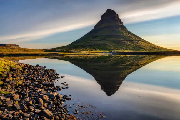 A perfect Kirkjufell Reflection in West Iceland with interesting clouds