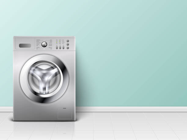 istock Vector 3d Realistic Modern White Steel Washing Machine Closeup. Design Template of Wacher. Front View, Laundry Concept 1187484486
