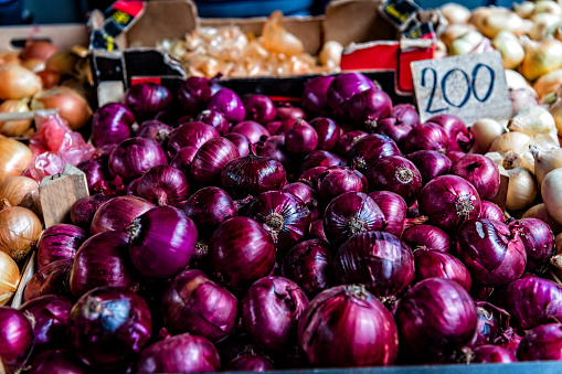 Bolzano, Italy - Aug 23, 2019 - Farmers market in the city center with variety of different fruits and vegetables