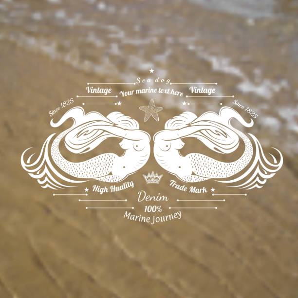 two mermaids on the sea shore with sand and wave realistic blur background