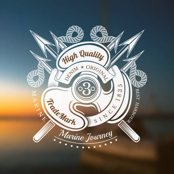 ilustrações de stock, clip art, desenhos animados e ícones de ship's propeller with cross trident. marine vintage label on blurred sea background - nautical vessel pattern rope tattoo
