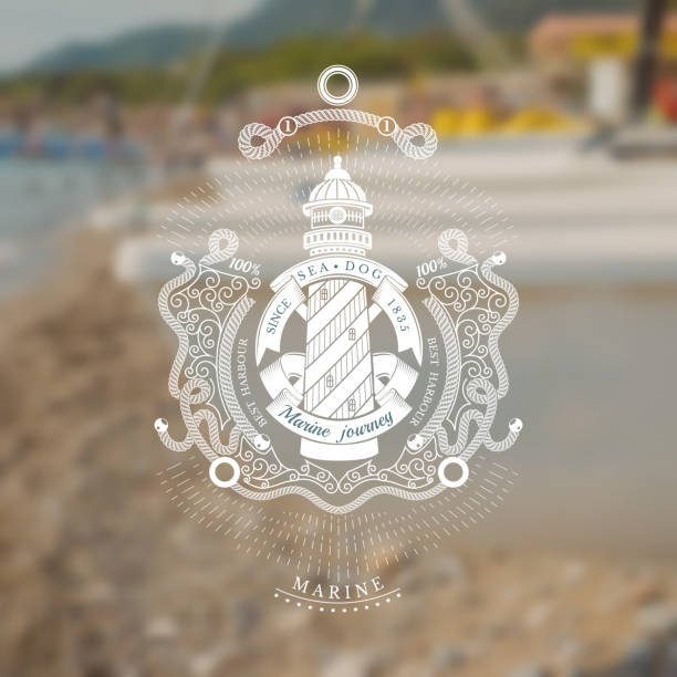 ilustrações de stock, clip art, desenhos animados e ícones de frame from line pattern and lighthouse with round ribbon in center. marine vintage label on blackboard - nautical vessel pattern rope tattoo