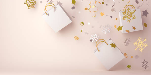 istock Winter abstract design creative concept, flying shopping bag, gold silver snow icon confetti glitter scattering on background. 1187495730