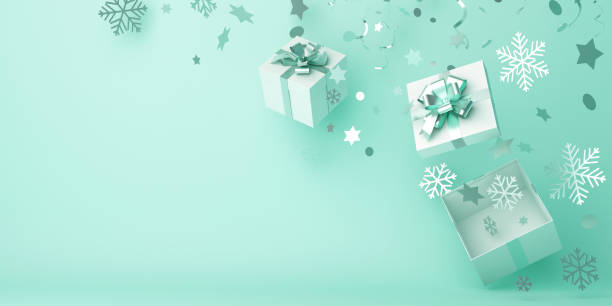 istock Winter abstract design creative concept, gift box, snow icon confetti glitter scattering on green mint background. 1187495895