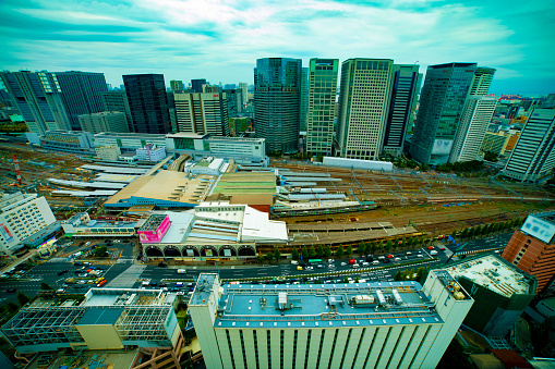 A panoramic view at the urban city daytime cloudy sky wide shot. Shinagawa district Tokyo Japan - 07.29.2019 : It is a center of the city in tokyo.