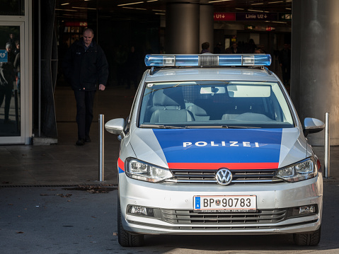 Picture of a police car from the Federal Police of Austria parked during a patrol in Vienna, Austria. The Federal Police, or Bundespolizei is the main federal law enforcement agency of the Austrian Republic.