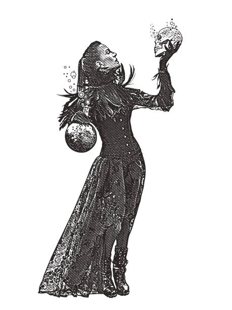 ilustrações de stock, clip art, desenhos animados e ícones de young goth woman holding skull - halloween horror vampire witch