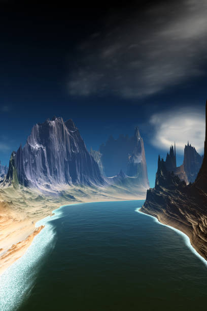 istock Alien Planet. Mountain and lake. 3D rendering 1187513906