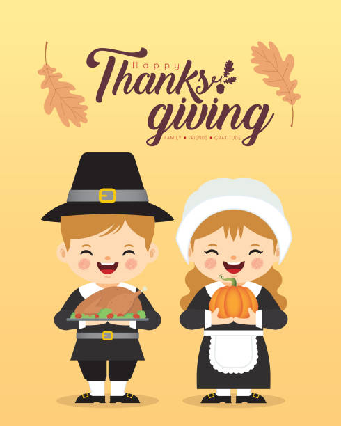 호박과 구운 칠면조를 들고 만화 순례자 부부 - thanksgiving pilgrim turkey little girls stock illustrations