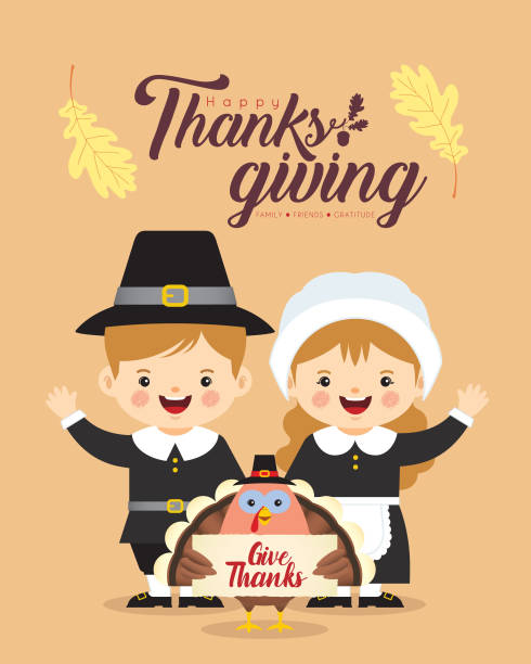 추수 감사절 기호를 들고 칠면조 새와 만화 순례자 소년과 소녀 - thanksgiving pilgrim turkey little girls stock illustrations