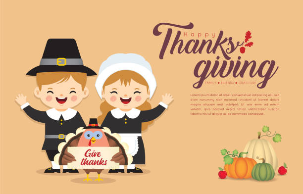 추수 감사절 - 추수 감사절 기호를 들고 칠면조 새와 만화 순례자 소년과 소녀 - thanksgiving pilgrim turkey little girls stock illustrations