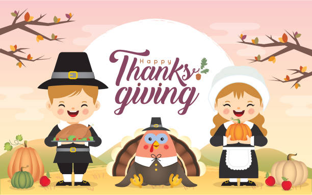 추수 감사절 - 칠면조 새와 순례자 소년과 소녀 - thanksgiving pilgrim turkey little girls stock illustrations