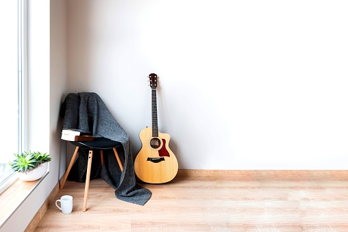 Contemporary home interior. Black chair covered with woolen gray blanket and acoustic guitar in front of an empty white wall. Succulent plants on the window.