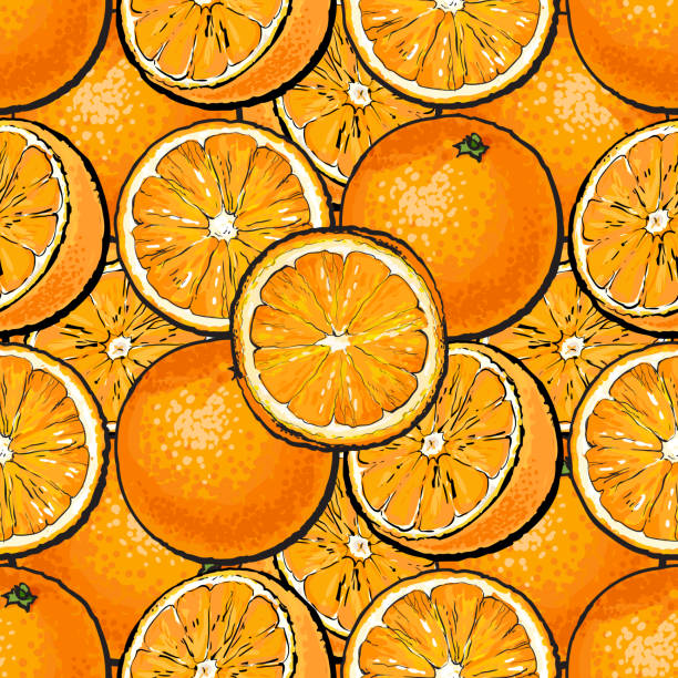 ilustrações de stock, clip art, desenhos animados e ícones de seamless pattern with orange citrus sketch style vector illustration background. - printers ornament