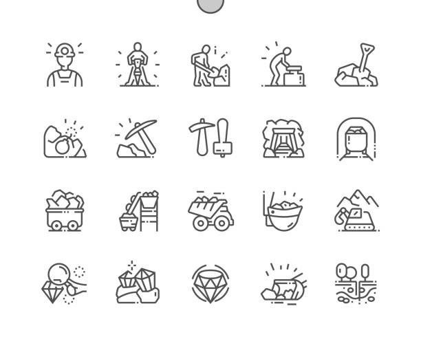 Mining Well-crafted Pixel Perfect Vector Thin Line Icons 30 2x Grid for Web Graphics and Apps. Simple Minimal Pictogram Mining Well-crafted Pixel Perfect Vector Thin Line Icons 30 2x Grid for Web Graphics and Apps. Simple Minimal Pictogram excavated material stock illustrations