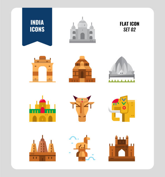 ilustraciones, imágenes clip art, dibujos animados e iconos de stock de conjunto de iconos de la india 2. incluya monumentos, edificios, animales y más de la india. - india gate gateway to india mumbai