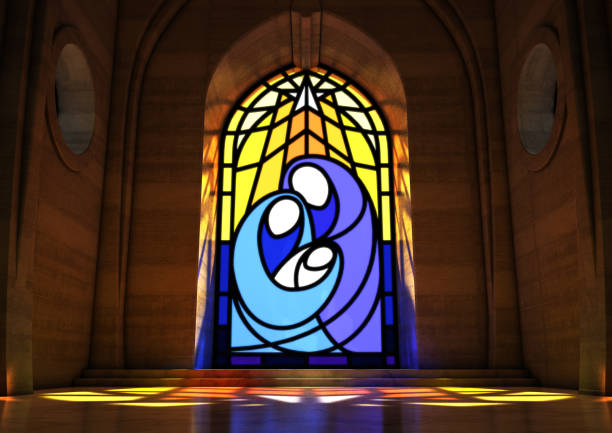 ステンドグラスウィンドウ降誕シーン - christianity church indoors illuminated ストックフォトと画像