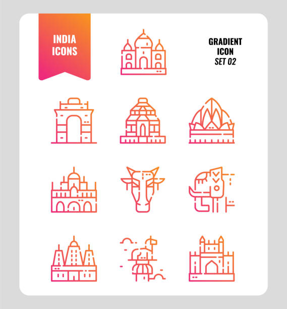 ilustraciones, imágenes clip art, dibujos animados e iconos de stock de conjunto de iconos de la india 2. incluya monumentos, edificios, animales y más de la india. - india gate gateway to india mumbai