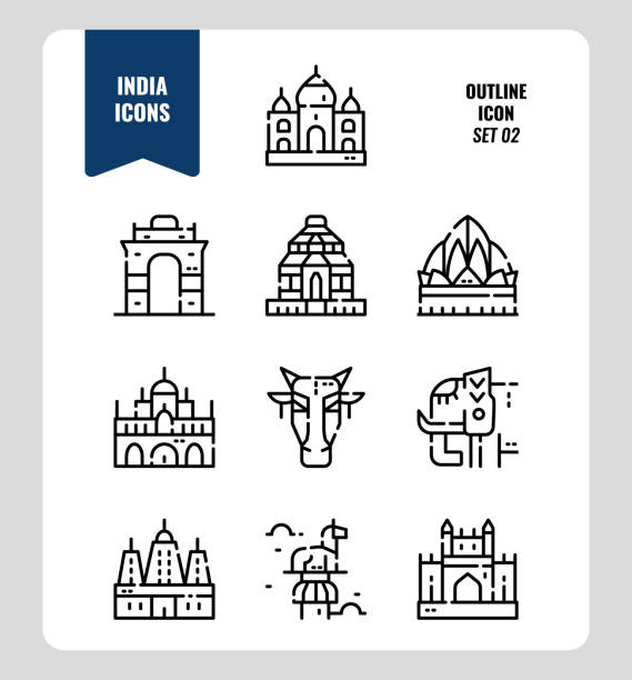 ilustraciones, imágenes clip art, dibujos animados e iconos de stock de conjunto de iconos de la india 2. incluya monumentos, edificios, animales y más de la india. iconos de esquema diseño. ilustración vectorial - vertical gateway to india famous place travel destinations