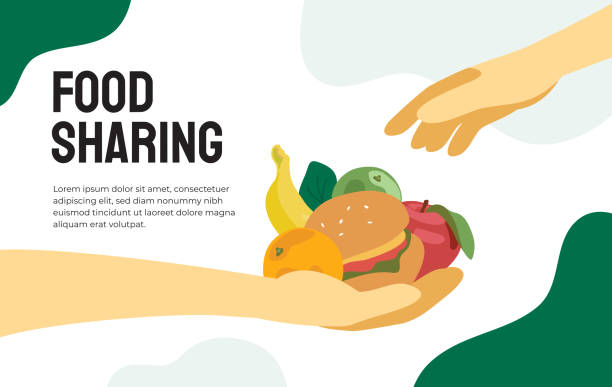 Food sharing project illustration Food sharing project. Vector illustration of share meal, waste reduction, giving helping hand for the poor or refugees. Design for charity, volunteer organization. Handful of food. Template for flyer. over fed stock illustrations