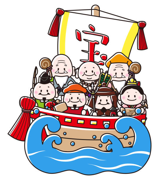 Seven Gods of Good Fortune Illustration of Seven Gods of Good Fortune and treasure ship hotei the god of happiness stock illustrations