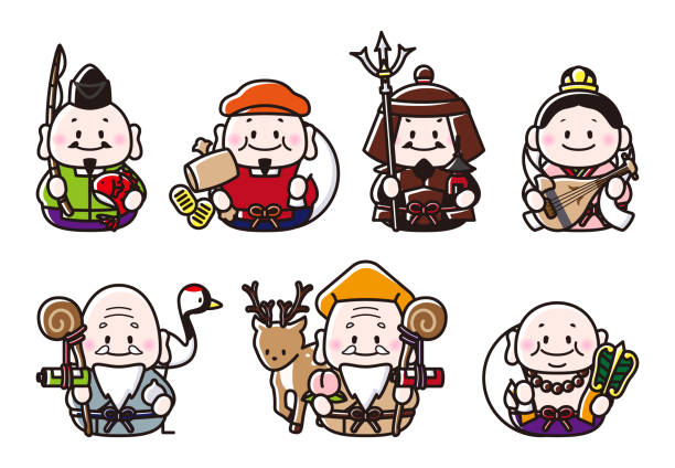 The Seven Gods of Fortune The Seven Gods of Fortune.Ebisu,Daikokuten,Bishamonten,Benzaiten,Fukurokuju,Juroujin,Hotei hotei the god of happiness stock illustrations