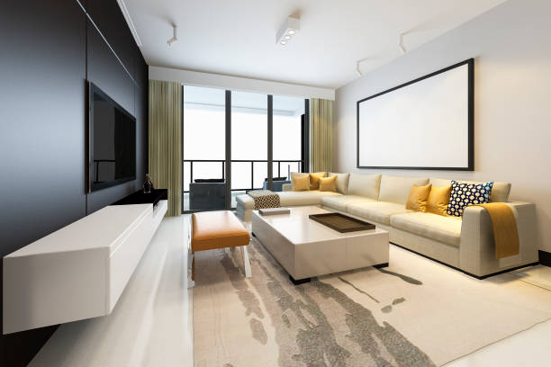 istock 3d rendering luxury and modern living room with fabric sofa with mock up frame 1187548852