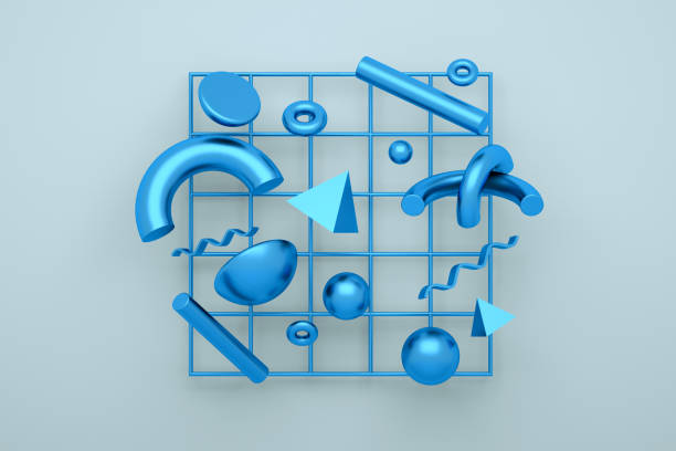 blue 3d rendering realistic primitives composition. Flying shapes in motion isolated on blue background. Abstract theme for trendy designs. Spheres, torus, tubes, cones.