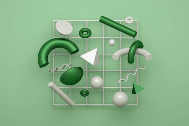istock green and white 3d rendering realistic primitives composition. Flying shapes in motion isolated on green background. Abstract theme for trendy designs. Spheres, torus, tubes, cones. 1187549123