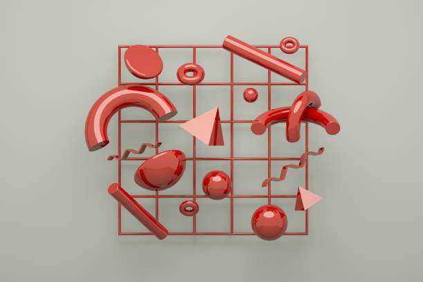istock red 3d rendering realistic primitives composition. Flying shapes in motion isolated on white background. Abstract theme for trendy designs. Spheres, torus, tubes, cones. 1187549633
