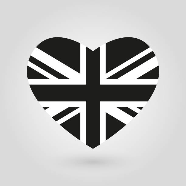 ilustrações, clipart, desenhos animados e ícones de ícone britânico da bandeira do coração. bandeira preta e branca britânica. grã-bretanha, reino unido e inglaterra símbolo nacional. ilustração do vetor. - flag british flag england push button