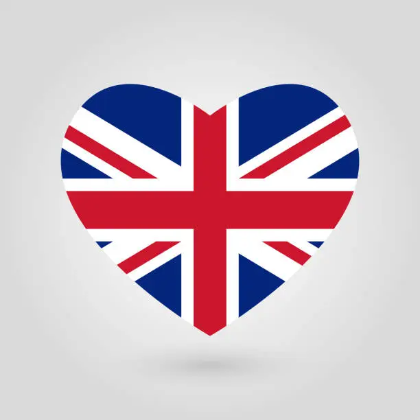 Vector illustration of UK flag in the heart shape. British flag icon. Great Britain, United Kingdom and England national symbol. Vector illustration.