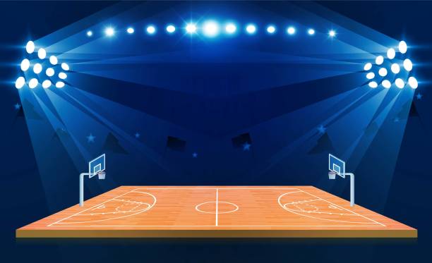 istock Phone on Basketball arena field with bright stadium lights design. 1187553175