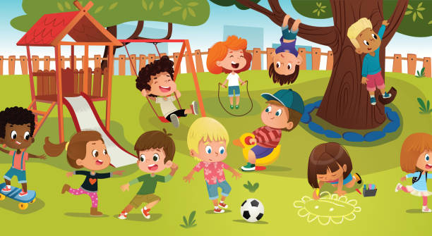 001015_Playground Group of kids playing game on a public park or school playground with with swings, slides, skate, ball, crayons, rope, playing catch-up game. Happy childhood. Modern vector illustration. Clipart. boys soccer stock illustrations