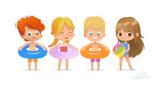 Relax International Children Swimming Pool Party. Red-haired Boy Character with Blue Ring on Fun Sea Resort. Little Girl in Swimsuit Funny Summer Vacation. Flat Cartoon Vector Illustration. Relax International Children Swimming Pool Party. Red-haired Boy Character with Blue Ring on Fun Sea Resort. Little Girl in Swimsuit Funny Summer Vacation. Flat Cartoon Vector Illustration competition group stock illustrations