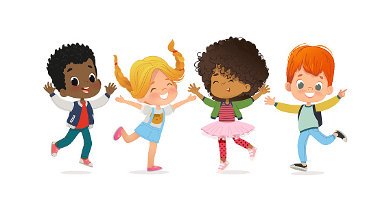 Multiracial school kids. Boys and girls are playing together happily jump. Kids Play at the grass. The concept is fun and vibrant moments of childhood. Vector illustrations.