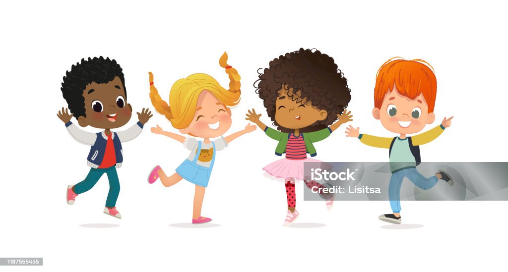 Multiracial school kids. Boys and girls are playing together happily jump. Kids Play at the grass. The concept is fun and vibrant moments of childhood. Vector illustrations Multiracial school kids. Boys and girls are playing together happily jump. Kids Play at the grass. The concept is fun and vibrant moments of childhood. Vector illustrations. Child stock vector
