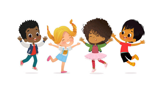 Multiracial school kids. Boys and girls are playing together happily jump. Kids Play at the grass. The concept is fun and vibrant moments of childhood. Vector illustrations Multiracial school kids. Boys and girls are playing together happily jump. Kids Play at the grass. The concept is fun and vibrant moments of childhood. Vector illustrations. african american boy drawing stock illustrations