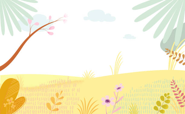kinder-illustration mit fantasie bäume blätter und blumen. schöne sommer hintergrund. - young animal nature outdoors branch stock-grafiken, -clipart, -cartoons und -symbole