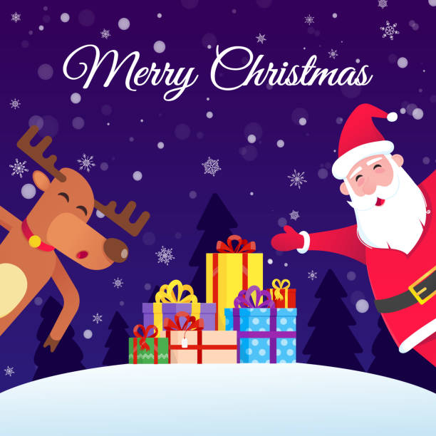 санта-клаус и красный ногой рождественских оленей и пожелать счастливого рождества и счастливого нового года вам открытку плоский стиль д� - red nosed illustrations stock illustrations