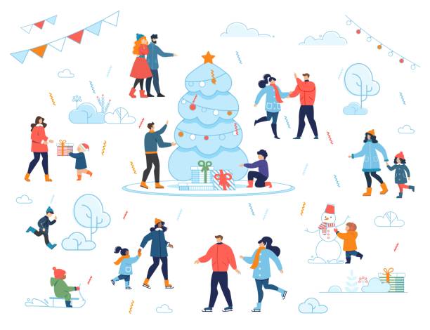 ilustrações de stock, clip art, desenhos animados e ícones de christmas eve family celebration outdoors cartoon - winter men joy leisure activity