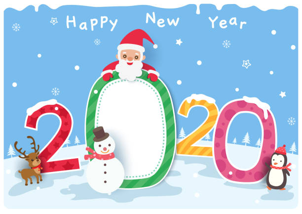 2020-happ-new-year Happy New Year of 2020 design with santa claus and snowman on snow background. happ stock illustrations