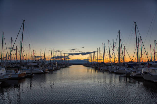 Sunset At Peaceful Marina Shilshole Bay at Ballard, Seattle Washington ballard-seattle stock pictures, royalty-free photos & images