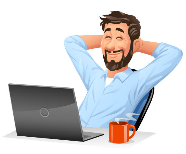젊은 남자 에 컴퓨터 의지 에 그의 의자 - businessman happiness carefree computer stock illustrations