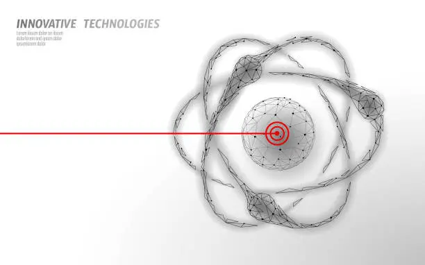 Vector illustration of 3D atom accelerator particle collider. Science physics atomic power research concept design. Modern molecular micro lab matter analysis vector illustration symbol