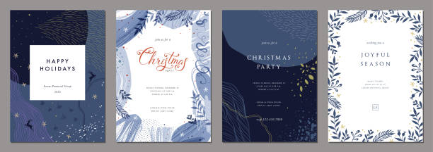 Universal Christmas Templates_04 Merry Christmas and Bright Corporate Holiday cards. navy watercolor stock illustrations