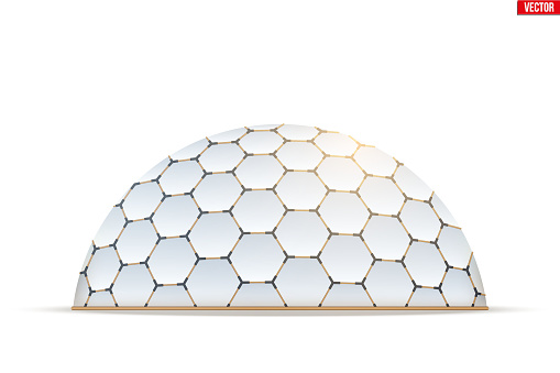 Geodesic dome of hexagon honeycombs form. Hemispherical thin-shell structure. Vector Illustration isolated on white background.